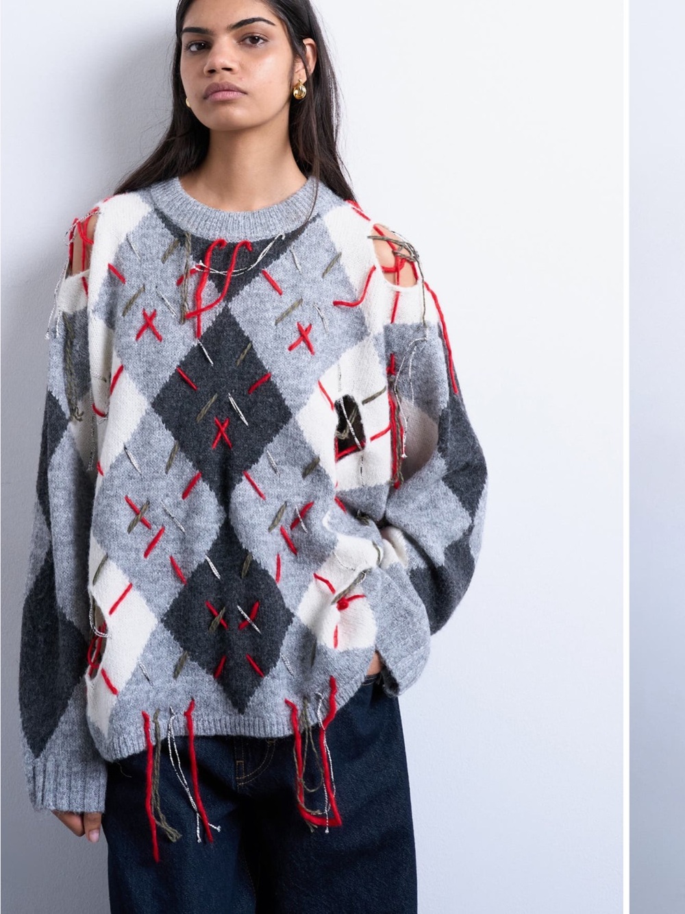 Nwt tag Topshop Oversize Distressed Argyle
Stitch Sweater